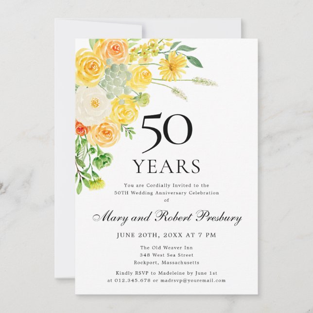 50th Anniversary Party Yellow White Floral Invitation (Front)