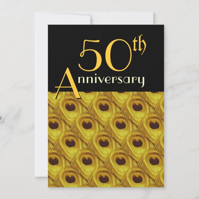 50th Anniversary Peacock Feathers Gold Invitation (Front)