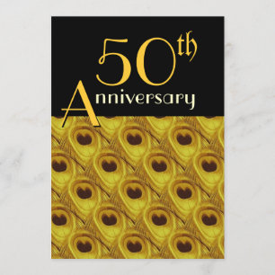 50th Anniversary Peacock Feathers Gold Invitation