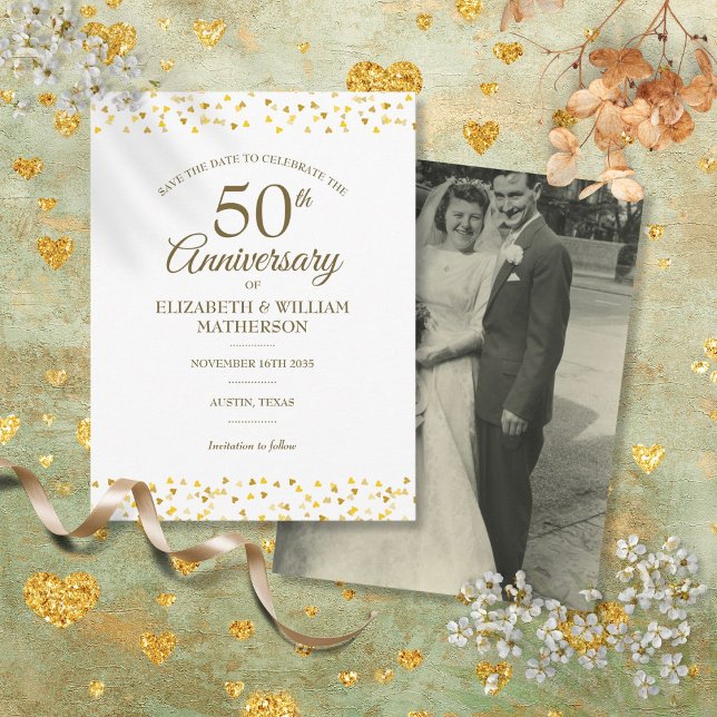 50th Anniversary Photo Golden Hearts Save the Date Announcement Postcard (50th Anniversary Photo Golden Hearts Save the Date Announcement Postcard)