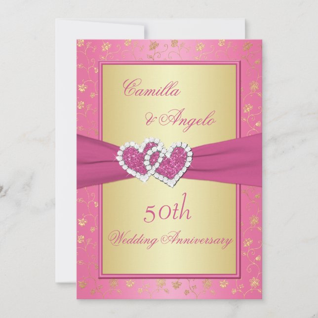 50th Anniversary Pink and Gold Joined Hearts Invitation (Front)