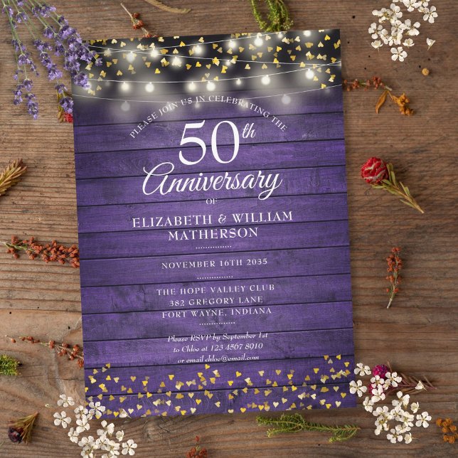 50th Anniversary Purple Rustic Wood Gold Hearts Invitation (50th Anniversary Purple Rustic Wood Gold Hearts Invitation)