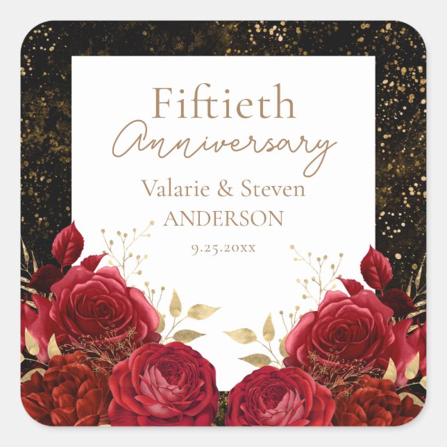 50th Anniversary Red Gold Floral Square Sticker (Front)
