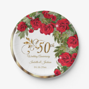 50th Anniversary - Red Rose Flowers Paper Plate
