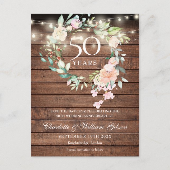 50th Anniversary Rustic Floral Save the Date Postcard (Front)