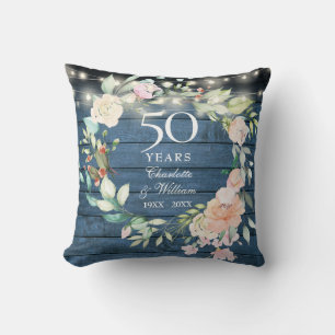 50th Anniversary Rustic Floral String Lights Photo Cushion