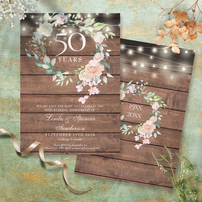 50th Anniversary Rustic Floral String Lights Save The Date (Creator Uploaded)