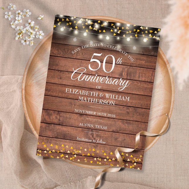 50th Anniversary Rustic Gold Hearts Save the Date Announcement Postcard (Creator Uploaded)