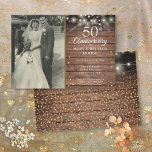 50th Anniversary Rustic Gold Hearts Wedding Photo Invitation<br><div class="desc">Personalise with your favourite wedding photo and your special 50th golden wedding anniversary celebration details in chic typography on a rustic wood background with scattered gold love hearts confetti and string lights. Designed by Thisisnotme©</div>