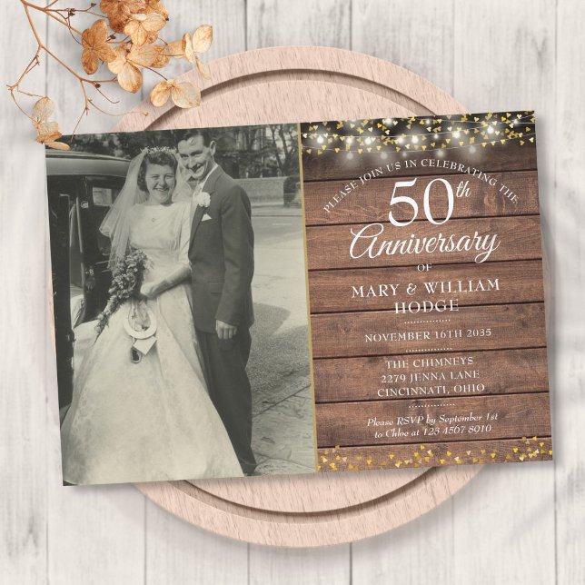 50th Anniversary Rustic Gold Hearts Wedding Photo  Invitation (Creator Uploaded)