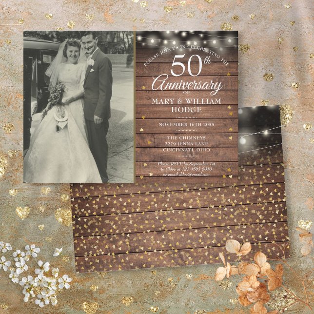 50th Anniversary Rustic Gold Hearts Wedding Photo Invitation (50th Anniversary Rustic Gold Hearts Wedding Photo Invitation)