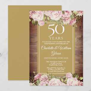 50th Anniversary Rustic Watercolour Pink Roses  Invitation