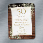50th Anniversary Rustic Wood Save The Date Magnet<br><div class="desc">Featuring delicate watercolor country garden greenery and pretty string lights on a wood panels background,  this chic rustic save the date anniversary invitation can be personalised with your special 50 years anniversary celebration information. Designed by Thisisnotme©</div>