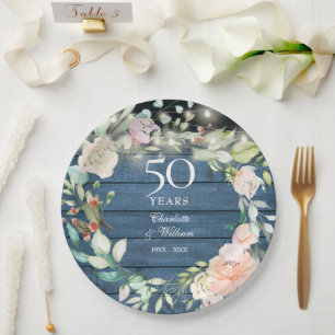 50th Anniversary Rustic Wood String Lights Floral Paper Plate