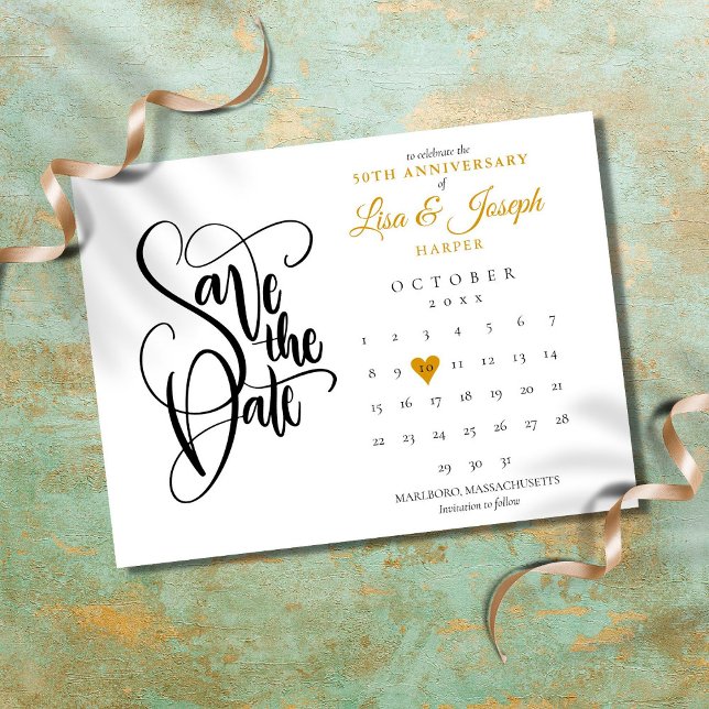 50th Anniversary Save the Date Calendar Gold Heart Postcard (Creator Uploaded)