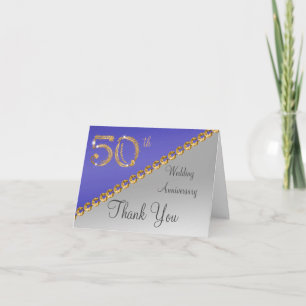 50th Anniversary Silver & Gold, Blue Thank You Card