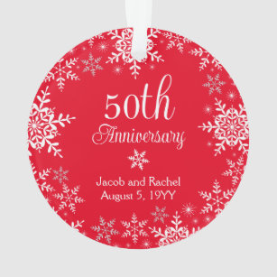 50th Anniversary Snowflakes Red Custom Wedding Ornament