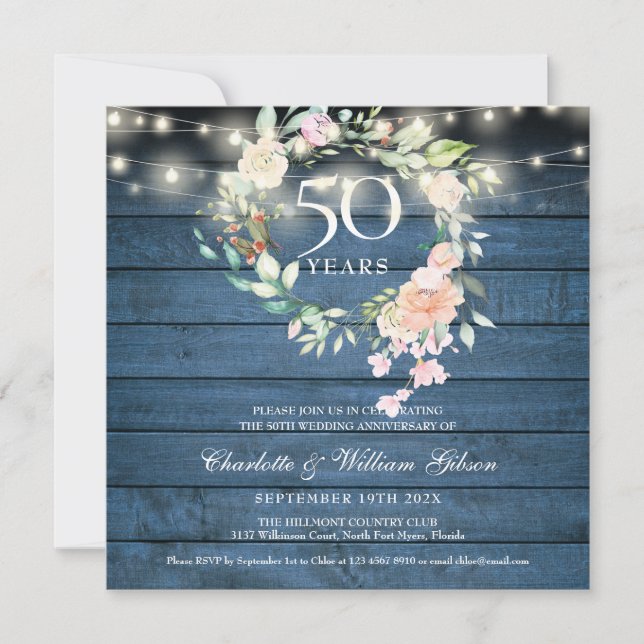 50th Anniversary String Lights Floral Blue Rustic Invitation (Front)
