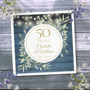 50th Anniversary String Lights Foliage Rustic Wood Napkin