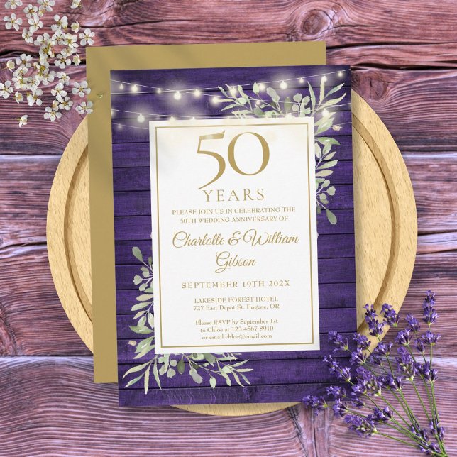 50th Anniversary String Lights Purple Wood Foliage Invitation (50th Anniversary String Lights Purple Wood Foliage Invitation)