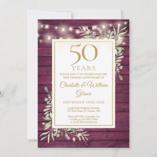 50th Anniversary String Lights Red Wood Greenery Invitation