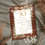 50th Anniversary String Lights Wood Greenery Invitation<br><div class="desc">Featuring pretty string lights and delicate watercolor country garden greenery on a rustic wood background,  this stylish anniversary invitation can be personalised with your special 50 years anniversary celebration information,  with a golden background on the reverse. Designed by Thisisnotme©</div>