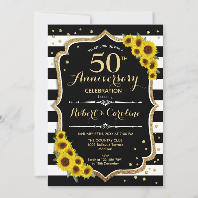 50th Anniversary - Sunflowers Black White Stripes Invitation (Front)