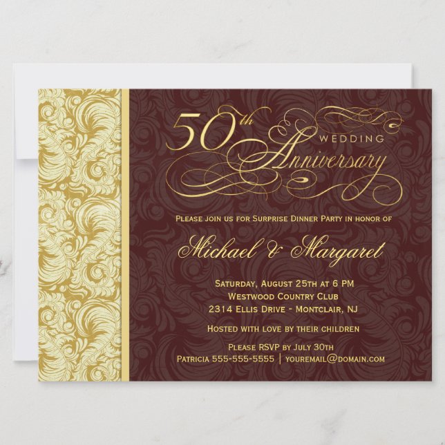 50th Anniversary Surprise Party - Gold Damask Invitation (Front)