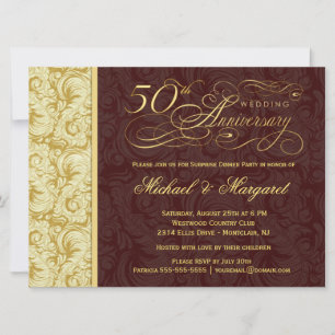 50th Anniversary Surprise Party - Gold Damask Invitation