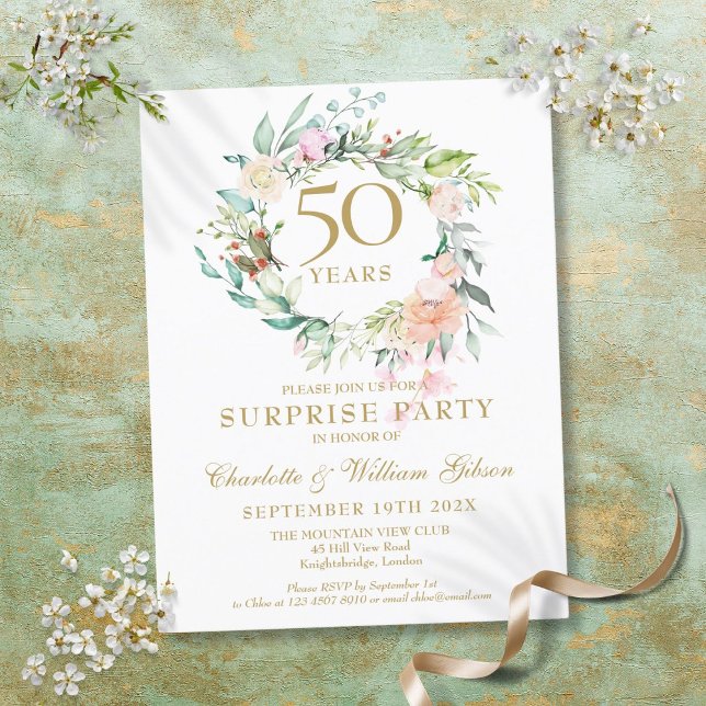 50th Anniversary Surprise Party Roses Garland Invitation Postcard (50th Anniversary Surprise Party Roses Garland Invitation Postcard)