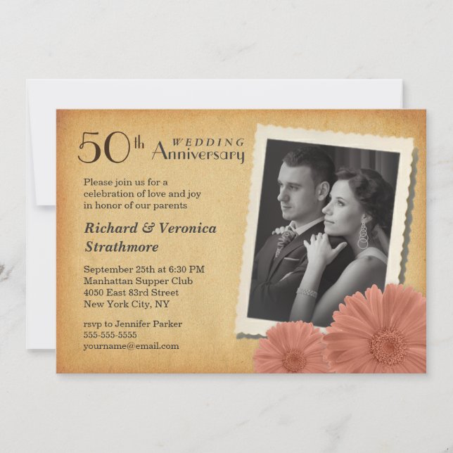 50th Anniversary Vintage Daisy Photo Invitations (Front)