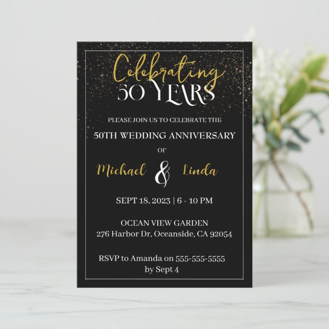 50th Anniversary Wedding Black Gold Golden Invitation (Standing Front)