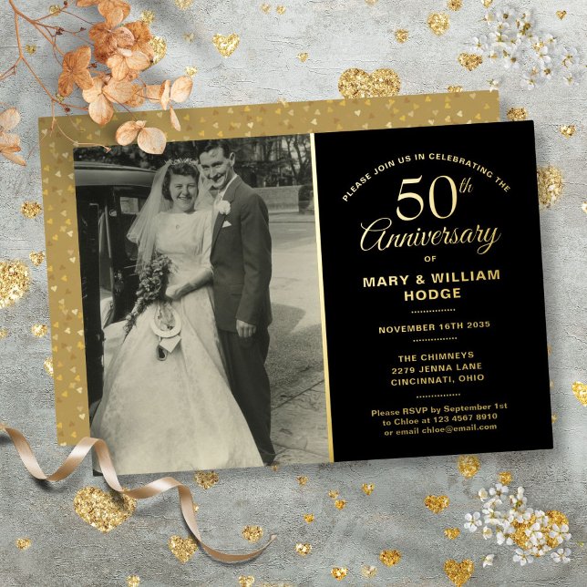 50th Anniversary Wedding Photo Black And Gold (50th Anniversary Wedding Photo Black And Gold Foil Invitation)