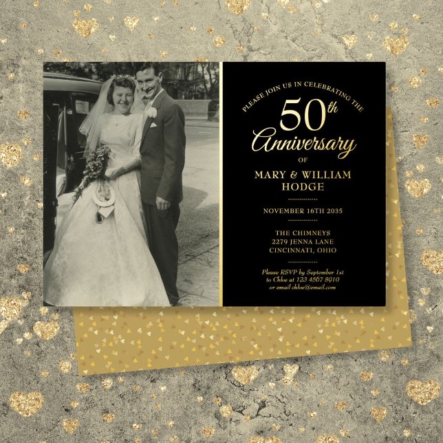 50th Anniversary Wedding Photo Black And Gold (50th Anniversary Wedding Photo Black And Gold Foil Invitation)