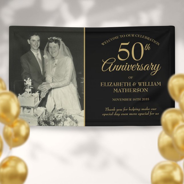 50th Anniversary Wedding Photo Gold Black Welcome Banner (Creator Uploaded)