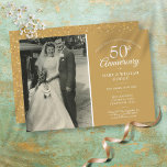 50th Anniversary Wedding Photo Gold Heart Confetti Invitation<br><div class="desc">Personalise with your favourite wedding photo and your special 50th golden wedding anniversary celebration details in chic white typography on a gold background. The reverse features gold love hearts confetti. Designed by Thisisnotme©</div>