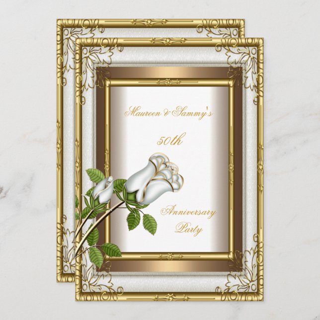 50th Anniversary Wedding White Rose Gold Elegant 2 Invitation (Front/Back)