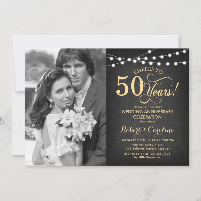 50th Anniversary with Photo - Black and Gold Invitation (Front)