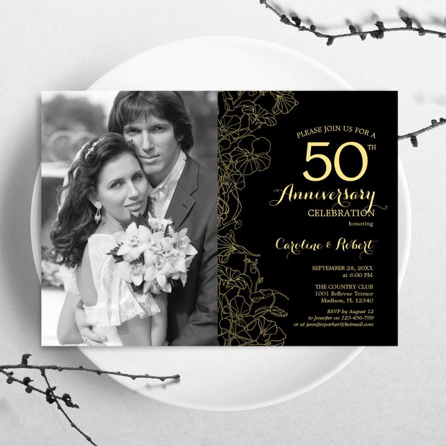 50th Anniversary With Photo - Black Gold Floral Invitation (Creator Uploaded)