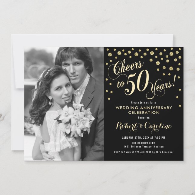 50th Anniversary with Photo - Gold Black Invitation (Front)