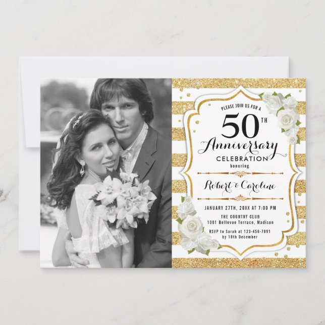 50th Anniversary with Photo - Gold White Invitation (Front)