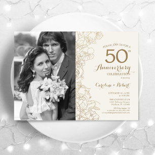 50th Anniversary With Photo - Ivory Gold Floral Invitation