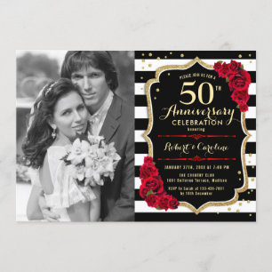 50th Anniversary with Photo - Red Gold Black Invitation