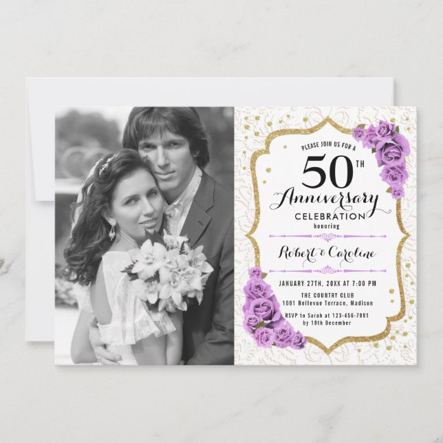 50th Anniversary with Photo - White Gold Purple Invitation (Front)