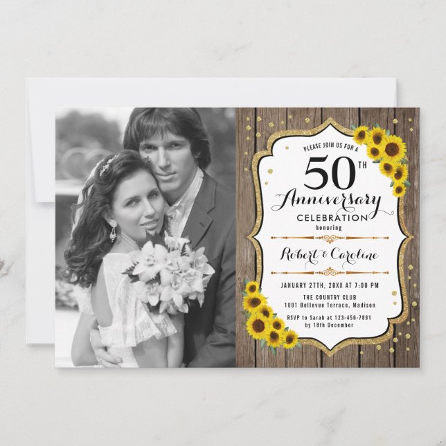 50th Anniversary with Photo - Wood Sunflowers Invitation (Front)