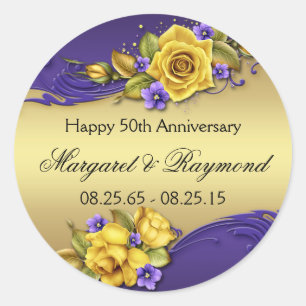 50th Anniversary Yellow Roses Purple Pansies Classic Round Sticker