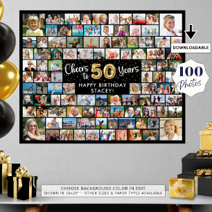 50th Birthday 100 Photos Black Gold Cheers To Year Poster