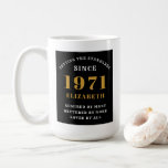 50th Birthday 1971 Black Gold For Her Personalised Coffee Mug<br><div class="desc">A personalised classic design for that birthday celebration for a special woman born in 1971. Add the name to this vintage retro style , white and gold design for a custom birthday gift. Easily edit the name and year with the template provided. A wonderful custom birthday gift. More gifts and...</div>