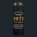 50th Birthday 1971 Black Gold For Her Personalised Thermal Tumbler<br><div class="desc">A personalised classic design for that birthday celebration for a special woman born in 1971. Add the name to this vintage retro style , white and gold design for a custom birthday gift. Easily edit the name and year with the template provided. A wonderful custom birthday gift. More gifts and...</div>
