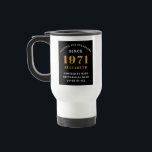 50th Birthday 1971 Black Gold For Her Personalised Travel Mug<br><div class="desc">A personalised classic design for that birthday celebration for a special woman born in 1971. Add the name to this vintage retro style , white and gold design for a custom birthday gift. Easily edit the name and year with the template provided. A wonderful custom birthday gift. More gifts and...</div>